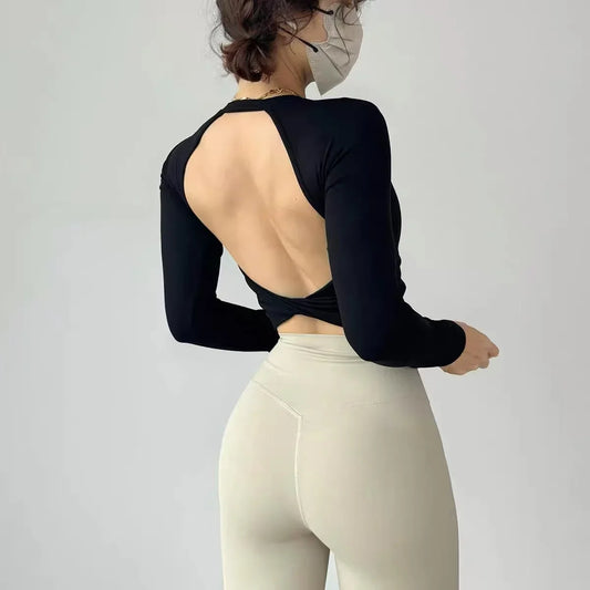 Top de Yoga Feminino Manga Comprida Sem Costas