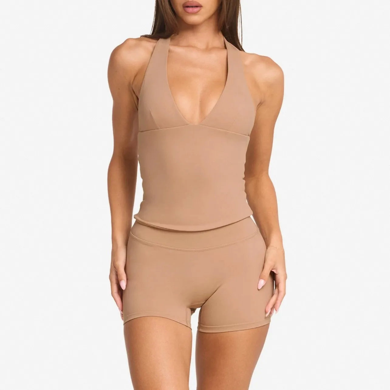 Top de Yoga Feminino com Alças ao Pescoço e Decote em V