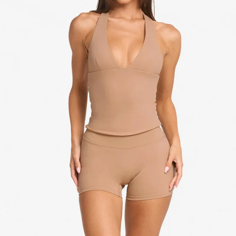 Top de Yoga Feminino com Alças ao Pescoço e Decote em V